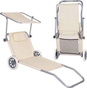 Springos Leżak ogrodowy z kółkami i daszkiem składany beżowy 11