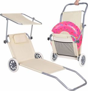 Springos Leżak ogrodowy z kółkami i daszkiem składany beżowy 2