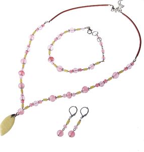 GANELLI Jewelry & handmade Zestaw biżuterii GANELLI - naszyjnik, bransoletka i kolczyki z kamieni półszlachetnych Jadeitowy Serpentyn, wiśnia kwarcowa (Quartz cherry) 1