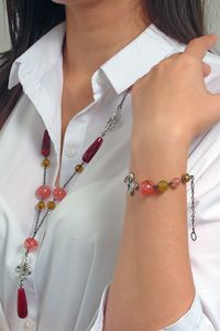 GANELLI Jewelry & handmade Zestaw biżuterii GANELLI - długi naszyjnik, bransoletka, kolczyki wykonane z kamieni półszlachetnych Dragon's Stone, Wiśnia Kwarcowa 2