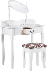 Beliani Toaletka 1 szuflada owalne lustro i stołek biała SOLEIL 2