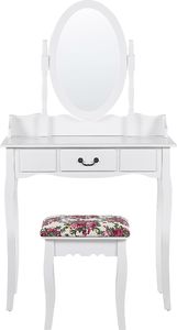 Beliani Toaletka 1 szuflada owalne lustro i stołek biała SOLEIL 4