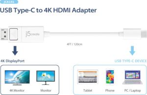 Kabel USB j5create USB-C DisplayPort, 1.2m, Biały (JCA141) 5