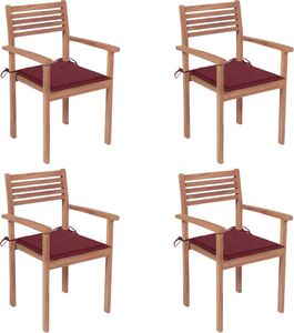 vidaXL Krzesła ogrodowe, 4 szt., czerwone poduszki, drewno tekowe (3062298) 1