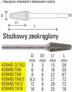 SUZHOU-CHINY PILNIK OBROT.Z WĘGLIKA STOŻK.ZAOKR.3MM 426MD-3/TA3 SUZHOU-CHINY 1