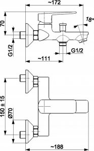 Bateria wannowa KFA 4424-510-00 AGAT BATERIA WANNOWA ŚCIENNA Z ZESTAWEM NATRYSKOWYM (WĄŻ 1500 MM, MOCOWANIE ŚCIENNE, RĄCZKA 3-FUNKCYJNA) , CHROM + CLICK CLACK// B-90-00-1-000-ZESTAW 2