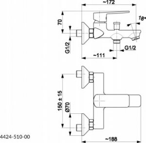 Bateria wannowa KFA 4424-510-00 AGAT BATERIA WANNOWA ŚCIENNA Z ZESTAWEM NATRYSKOWYM (WĄŻ 1500 MM, MOCOWANIE ŚCIENNE, RĄCZKA 3-FUNKCYJNA) , CHROM + CLICK CLACK// B-90-00-1-000-ZESTAW 7