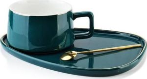 Affek Design Filiżanka 250 ml ze Spodkiem i Złotą Łyżeczką Zestaw z Porcelany Butelkowa Zieleń Amber 1