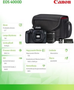 Lustrzanka Canon Canon EOS 4000D Czarny + obiektyw EF-S 18-55mm III + torba CB-SB130 + karta pamięci SD 16GB 5