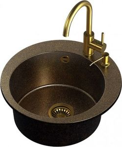 Zlewozmywak Steiner ART JAMES 210 (Ø51x20) Steingran Art Gold Black Pearl z syfonem manualnym, baterią Naomi i dozownikiem - czarny opalizacja złota 1