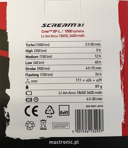 MacTronic Lampa rowerowa MACTRONIC Przednia SCREAM 3.1 1000lm 7