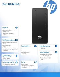 Komputer HP Desktop Pro 300 G6, Core i7-10700, 8 GB, Intel UHD Graphics 630, 256 GB M.2 PCIe Windows 10 Pro, 4