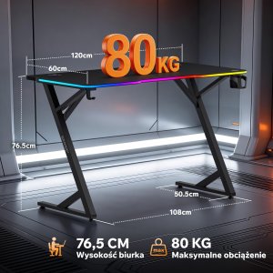 Biurko SENSE7 Volt RGB 120 czarne + kabel usb 12