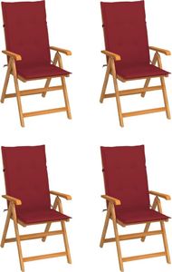 vidaXL Krzesła ogrodowe, 4 szt., winnoczerwone poduszki, drewno tekowe (3065539) 1