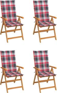 vidaXL Krzesła ogrodowe, 4 szt., z poduszkami w czerwoną kratkę, tek (3065543) 1
