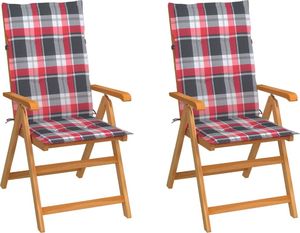 vidaXL Krzesła ogrodowe, 2 szt., z poduszkami w czerwoną kratę, tekowe (3062389) 1