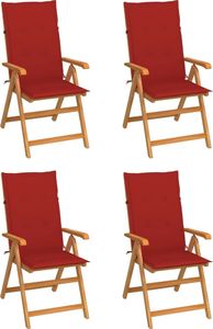 vidaXL Krzesła ogrodowe, 4 szt., czerwone poduszki, drewno tekowe (3065536) 1