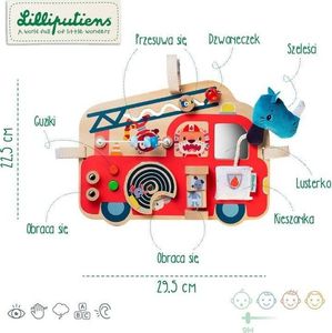 Lilliputiens Drewniana tablica manipulacyjna Wóz strażacki Nosorożec Marius 9 m+ 2