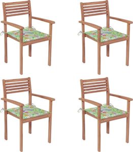 vidaXL Krzesła ogrodowe, 4 szt., z poduszkami w liście, drewno tekowe 1
