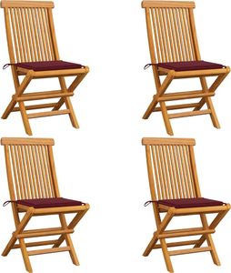vidaXL Krzesła ogrodowe, czerwone poduszki, 4 szt., drewno tekowe (3062577) 1