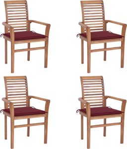 vidaXL Krzesła stołowe 4 szt., poduszki w kolorze wina, drewno tekowe (3062631) 1