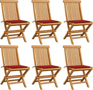 vidaXL Krzesła ogrodowe, czerwone poduszki, 6 szt., drewno tekowe (3065596) 1