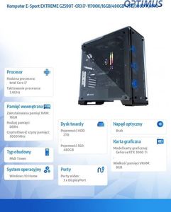 Komputer Optimus E-sport Extreme GZ590T-CR6, Core i7-11700K, 32 GB, RTX 3070, 480 GB M.2 PCIe 2 TB HDD Windows 10 Home, 14