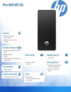 Komputer HP Desktop Pro 300 G6, Core i5-10400, 8 GB, Intel UHD Graphics 630, 256 GB M.2 PCIe Windows 10 Pro, 4