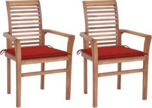 vidaXL Krzesła stołowe, 2 szt., czerwone poduszki, drewno tekowe 1