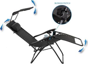 Saska Garden Fotel leżak ogrodowy składany z daszkiem i zagłówkiem czarny 11