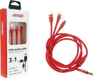 Kabel USB AMiO USB-A - USB-C + microUSB + Lightning 1.2 m Czerwony (V31AC-AMI-02178) 1