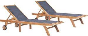 vidaXL Składane leżaki z kółkami drewno tekowe i textilene 2 szt. 1