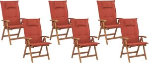 Shumee Zestaw 6 krzeseł ogrodowych drewnianych z poduszkami czerwonymi JAVA 1