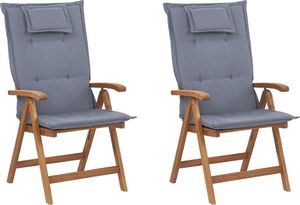 Shumee Zestaw 2 krzeseł ogrodowych drewnianych z niebieskimi poduszkami JAVA 1