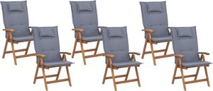 Shumee Zestaw 6 krzeseł ogrodowych drewnianych z niebieskimi poduszkami JAVA 1