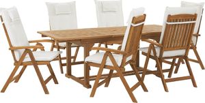 Shumee Zestaw ogrodowy drewniany stół i 6 krzeseł z poduszkami białymi JAVA 1