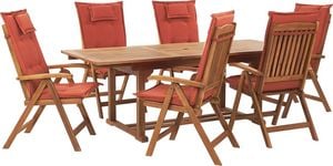 Shumee Zestaw ogrodowy drewniany stół i 6 krzeseł z poduszkami czerwonymi JAVA 1