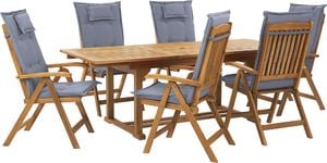 Shumee Zestaw ogrodowy drewniany stół i 6 krzeseł z poduszkami niebieskimi JAVA 1