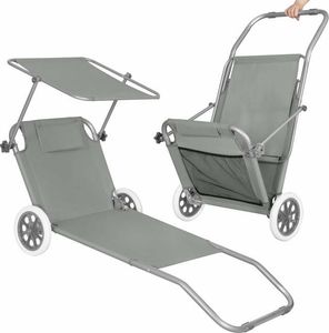 Springos Leżak ogrodowy z kółkami i daszkiem składany szary 11