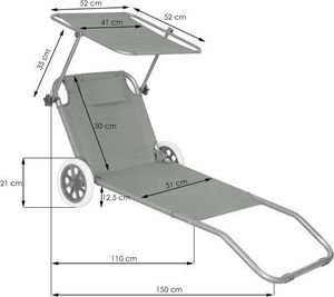 Springos Leżak ogrodowy z kółkami i daszkiem składany szary 15