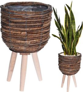 Home Styling Collection Doniczka Orion Osłonka Kwietnik Pleciony na Stojaku Drewnianych Nogach 21x33 cm 1