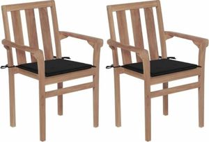 vidaXL Krzesła ogrodowe, 2 szt., czarne poduszki, drewno tekowe 1