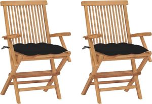 vidaXL Krzesła ogrodowe z czarnymi poduszkami, 2 szt., drewno tekowe 1