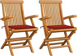vidaXL Krzesła ogrodowe z czerwonymi poduszkami, 2 szt., drewno tekowe 1
