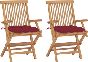 vidaXL Krzesła ogrodowe z poduszkami w kolorze wina, 2 szt., tekowe 1