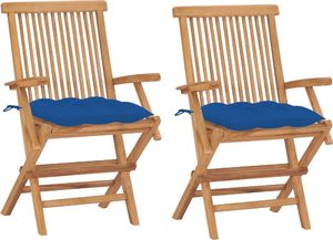vidaXL Krzesła ogrodowe z niebieskimi poduszkami, 2 szt., tekowe 1