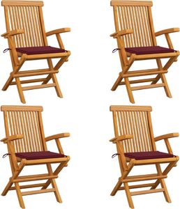 vidaXL Krzesła ogrodowe, czerwone poduszki, 4 szt., drewno tekowe 1