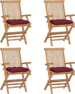 vidaXL Krzesła ogrodowe z czerwonymi poduszkami, 4 szt., drewno tekowe 1