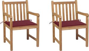 vidaXL Krzesła ogrodowe, 2 szt., poduszki w kolorze wina, tekowe 1