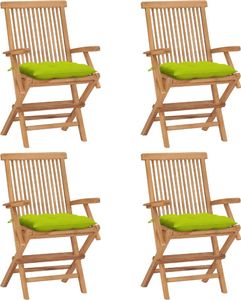 vidaXL Krzesła ogrodowe z jasnozielonymi poduszkami, 4 szt., tekowe 1